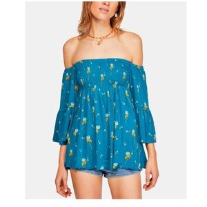 FREE PEOPLE Womens Blue Floral Long Sleeve Off Shoulder Blouse Size: XS NWT